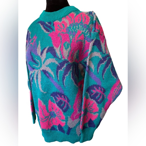 Le Moda Vintage 90s Bright Teal Pink Tropical Coastal Boho Floral Leafy Sweater - Picture 2 of 6
